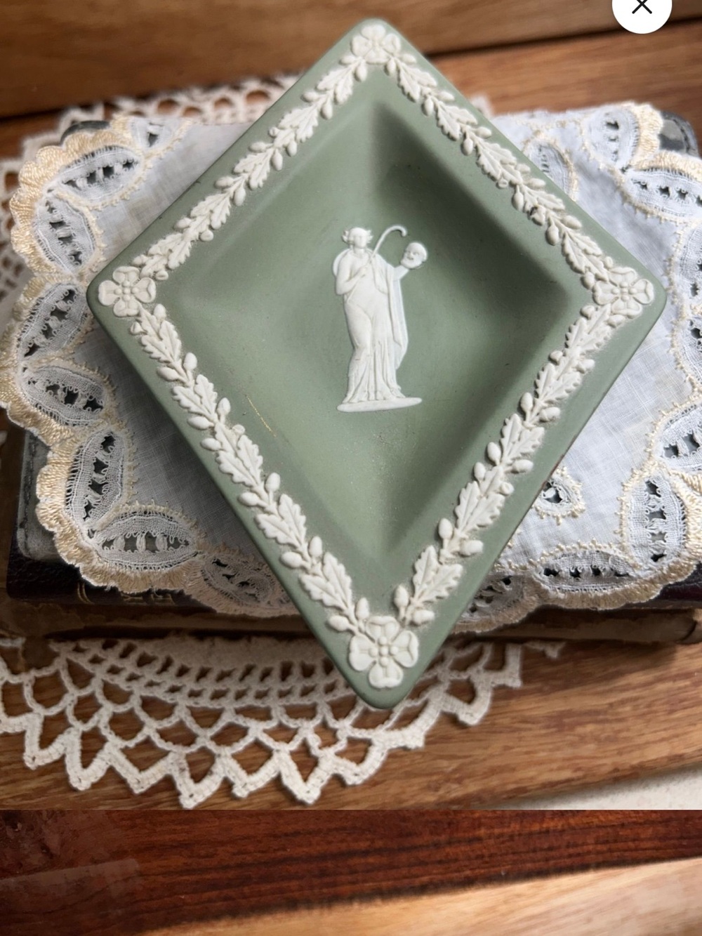 Wedgwood Pale Green Jasperware Square Trinket Dish with White Relief